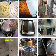 Load image into Gallery viewer, The image demonstrates the effectiveness of Quickleen S, a powerful non-toxic all-purpose cleaner and polisher, in removing stains and restoring various surfaces.